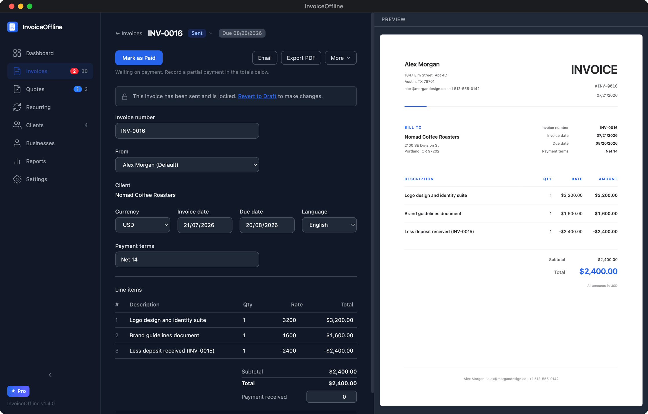 InvoiceOffline balance invoice itemizing the full project minus the deposit received, with the PDF preview