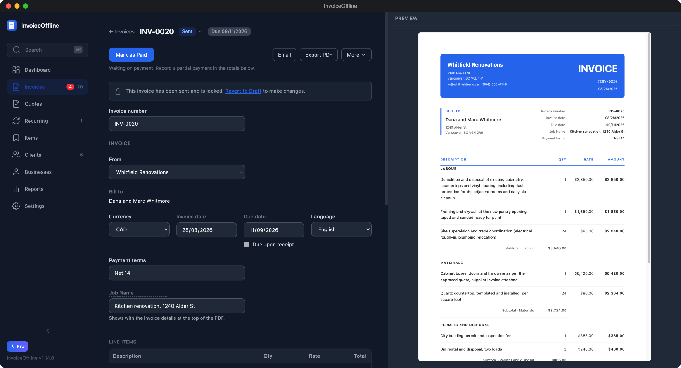 InvoiceOffline invoice editor showing a renovation invoice with Labour, Materials and Permits sections, long line item descriptions, and the live PDF preview