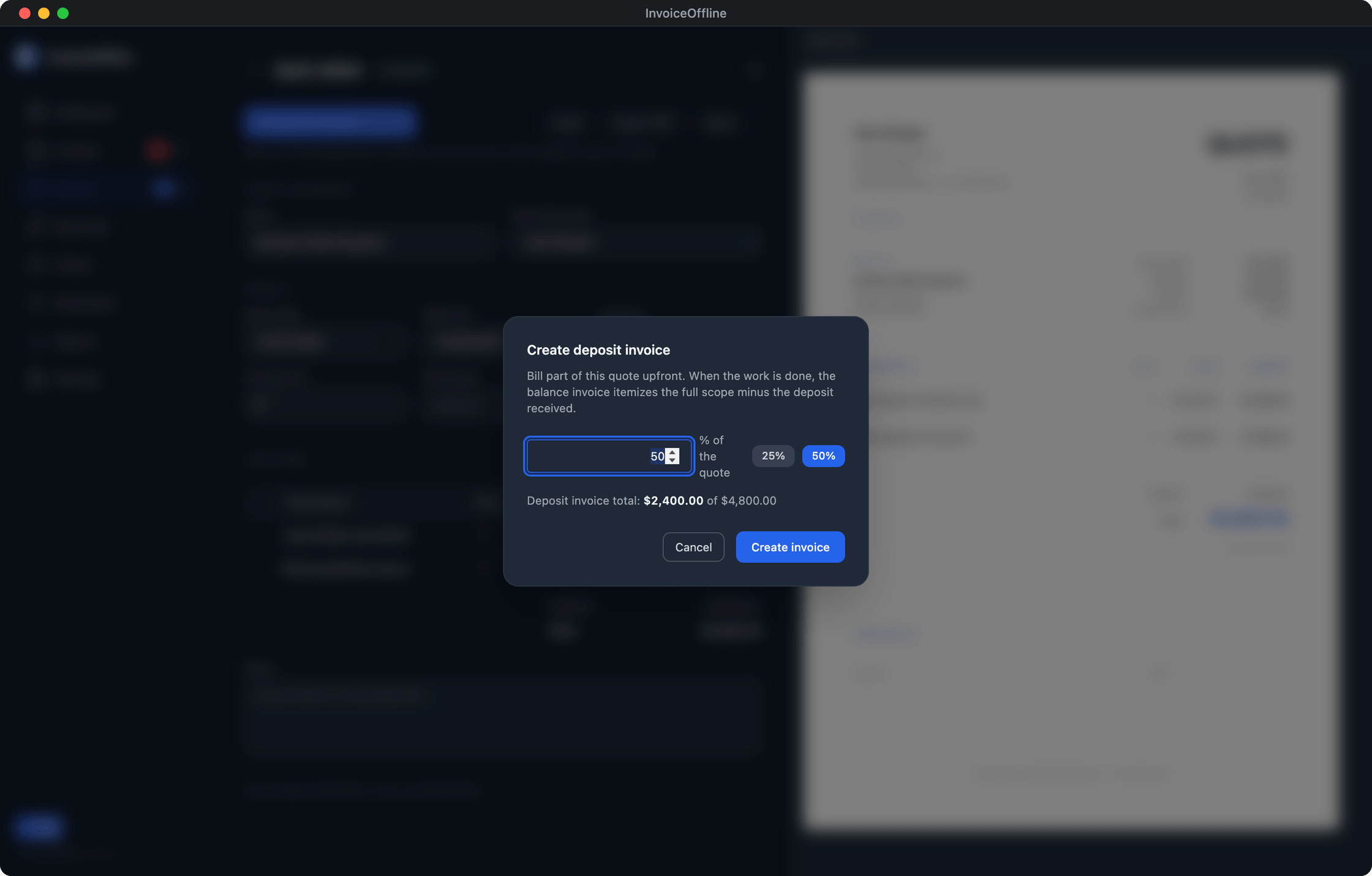 InvoiceOffline dialog creating a 50% deposit invoice of $2,400 from an accepted $4,800 quote