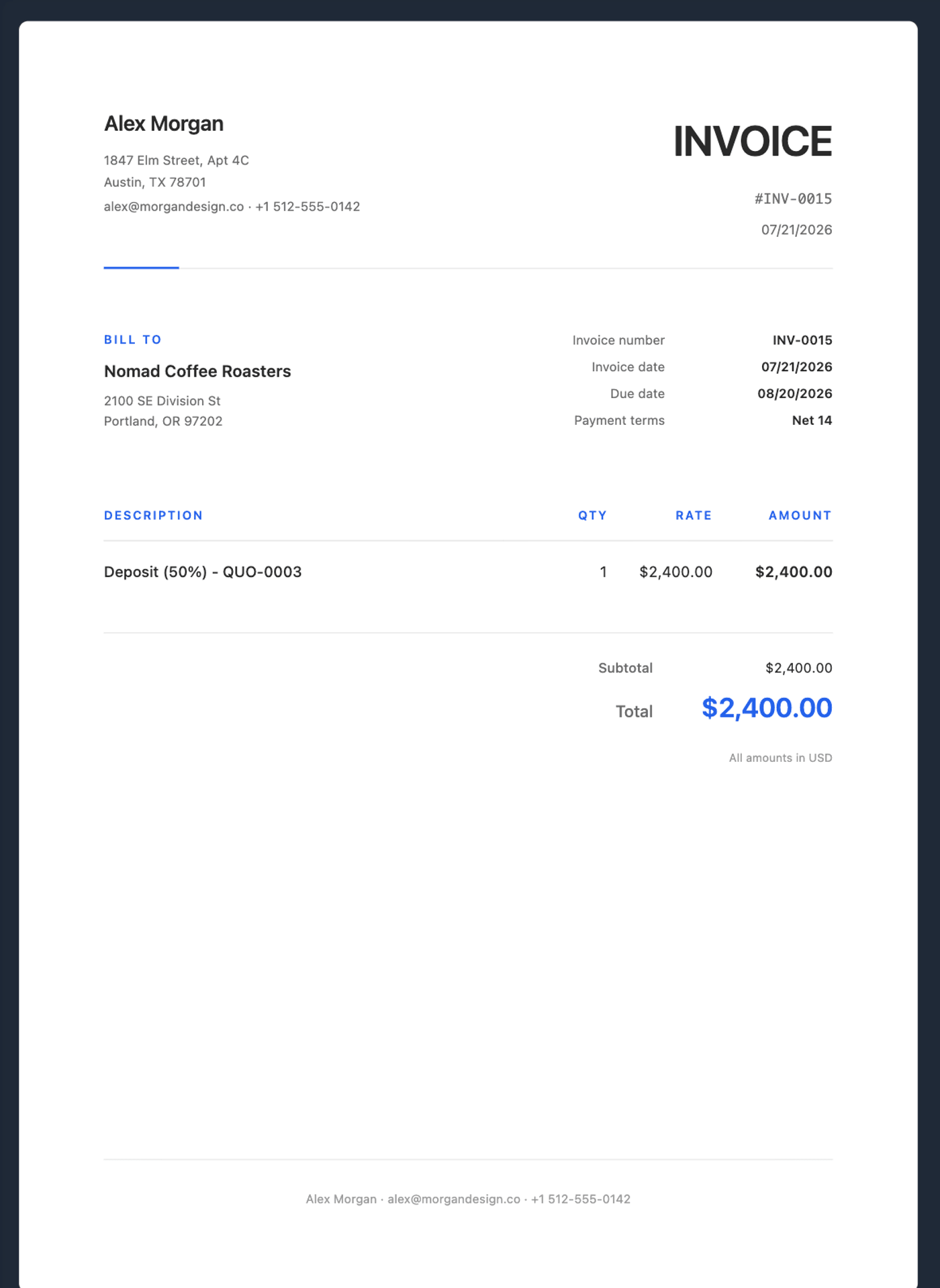 A deposit invoice PDF: Deposit (50%) referencing quote QUO-0003, totaling $2,400 of a $4,800 project