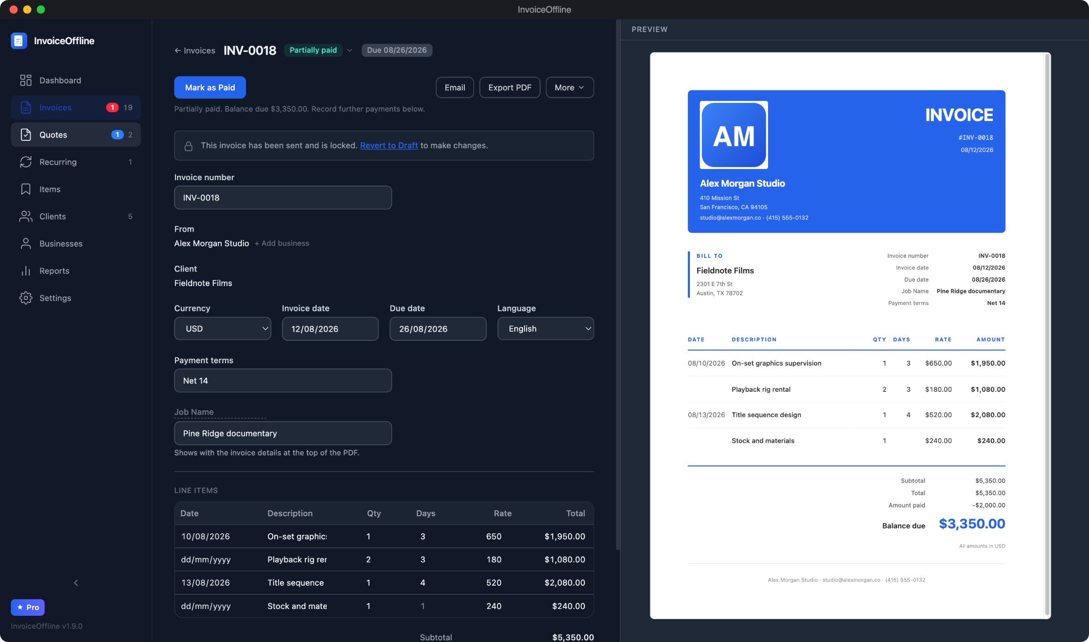 InvoiceOffline invoice editor on macOS with a renamable Days column, per-line dates, partial payment tracking, and a live PDF preview