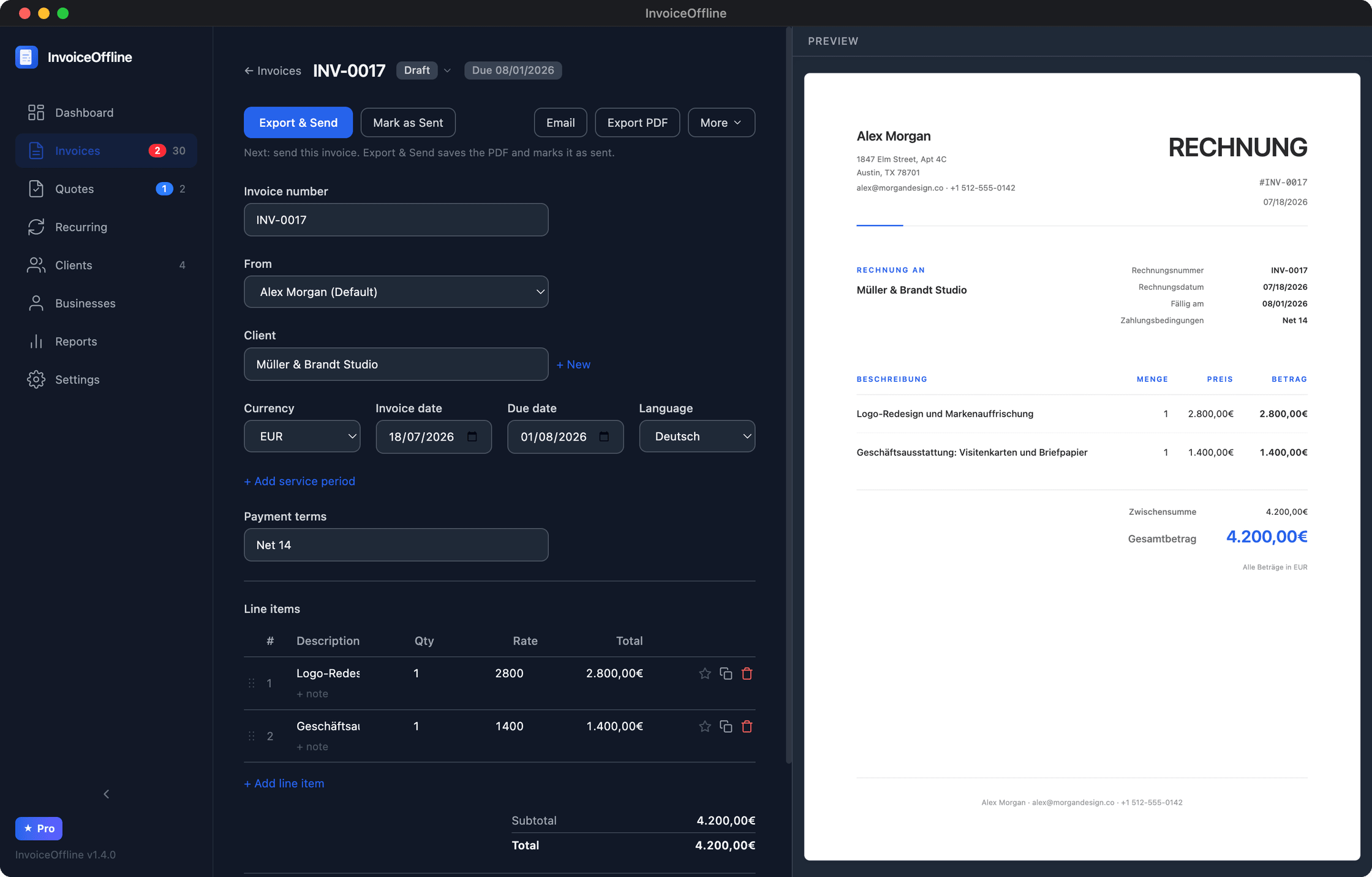 An InvoiceOffline invoice in German and euros: RECHNUNG with German labels and 4.200,00 € formatting