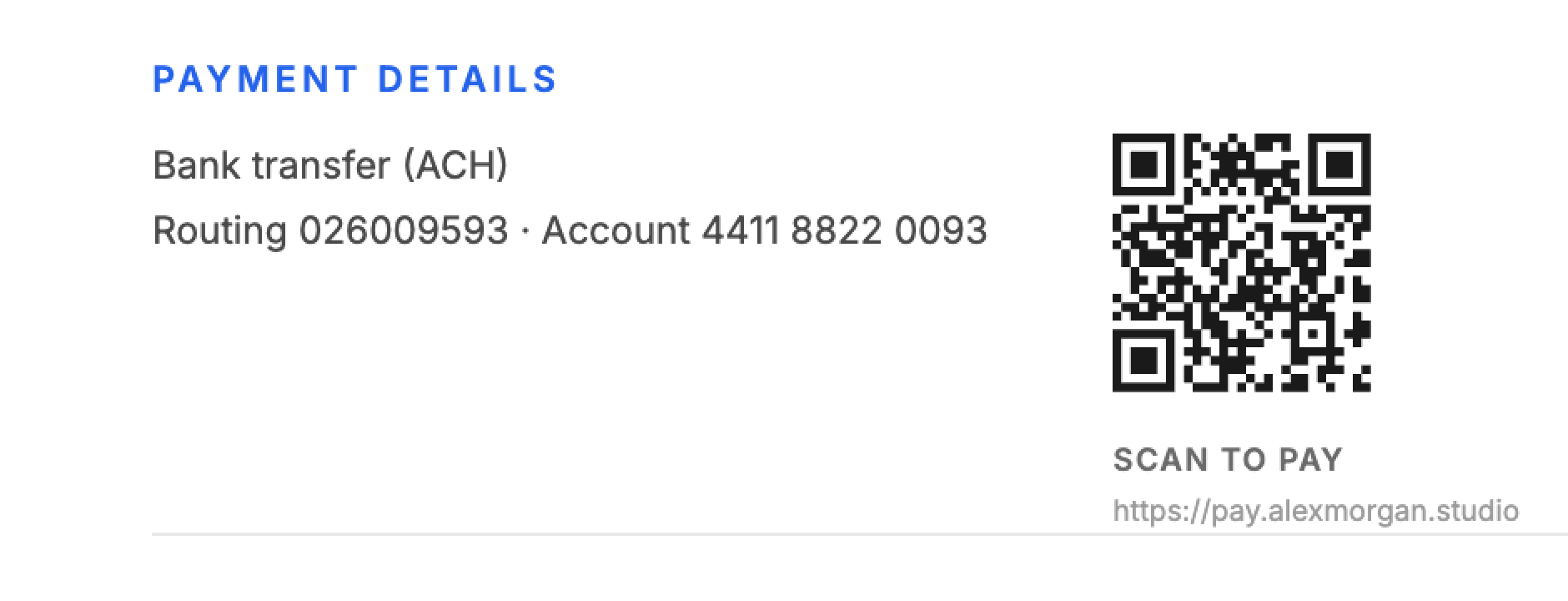 Payment details block of an InvoiceOffline invoice PDF with bank transfer instructions and a scan-to-pay QR code