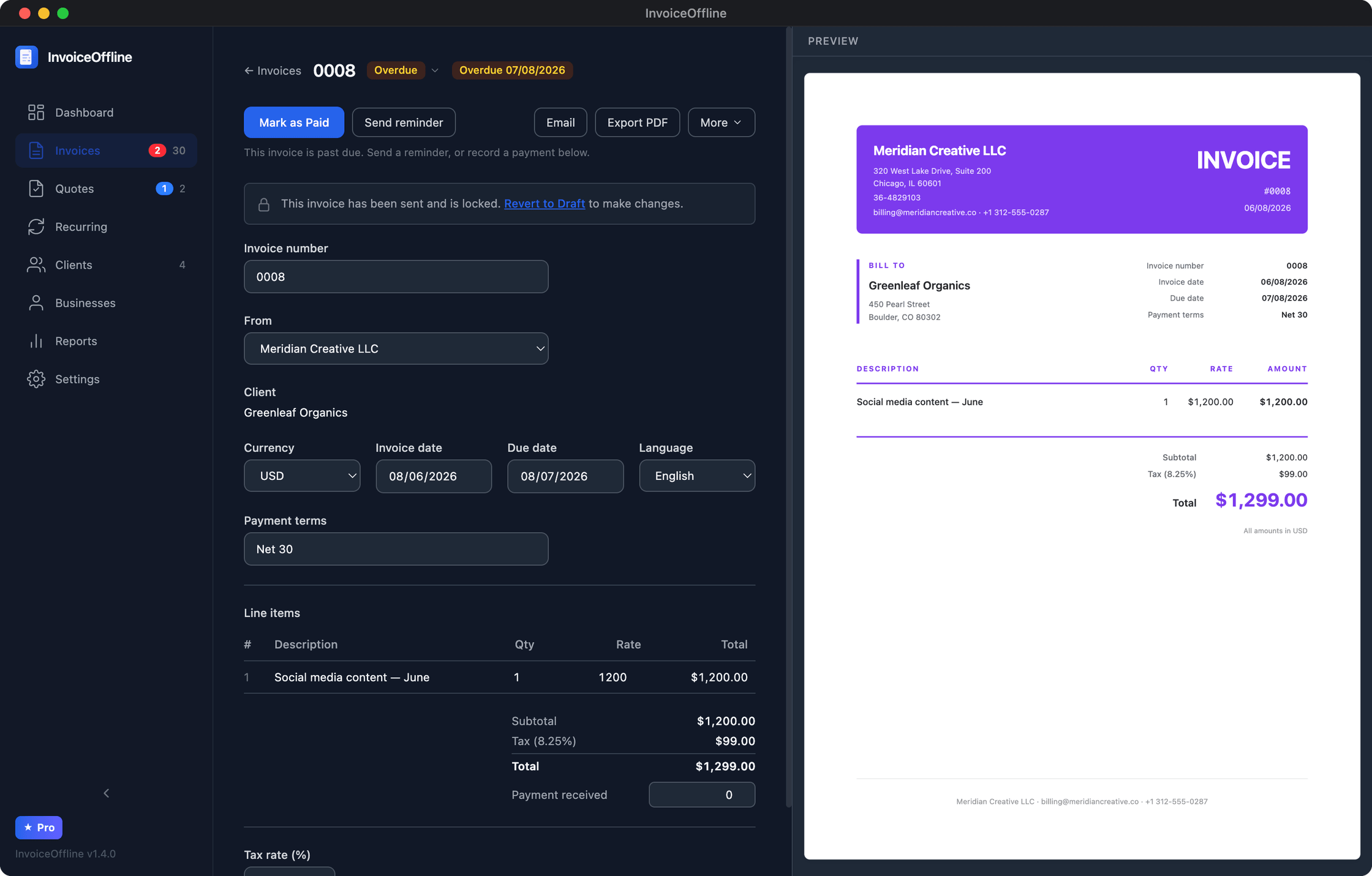 An overdue invoice in InvoiceOffline with the one-click Send reminder action