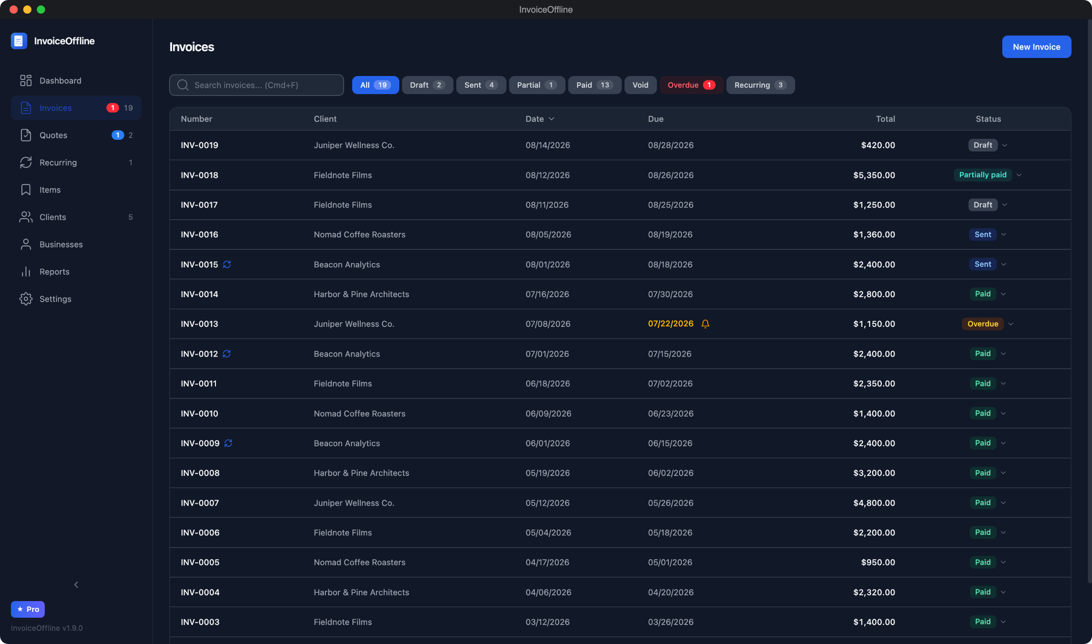 InvoiceOffline invoice list showing status filters including partially paid and overdue, recurring invoice markers, and search