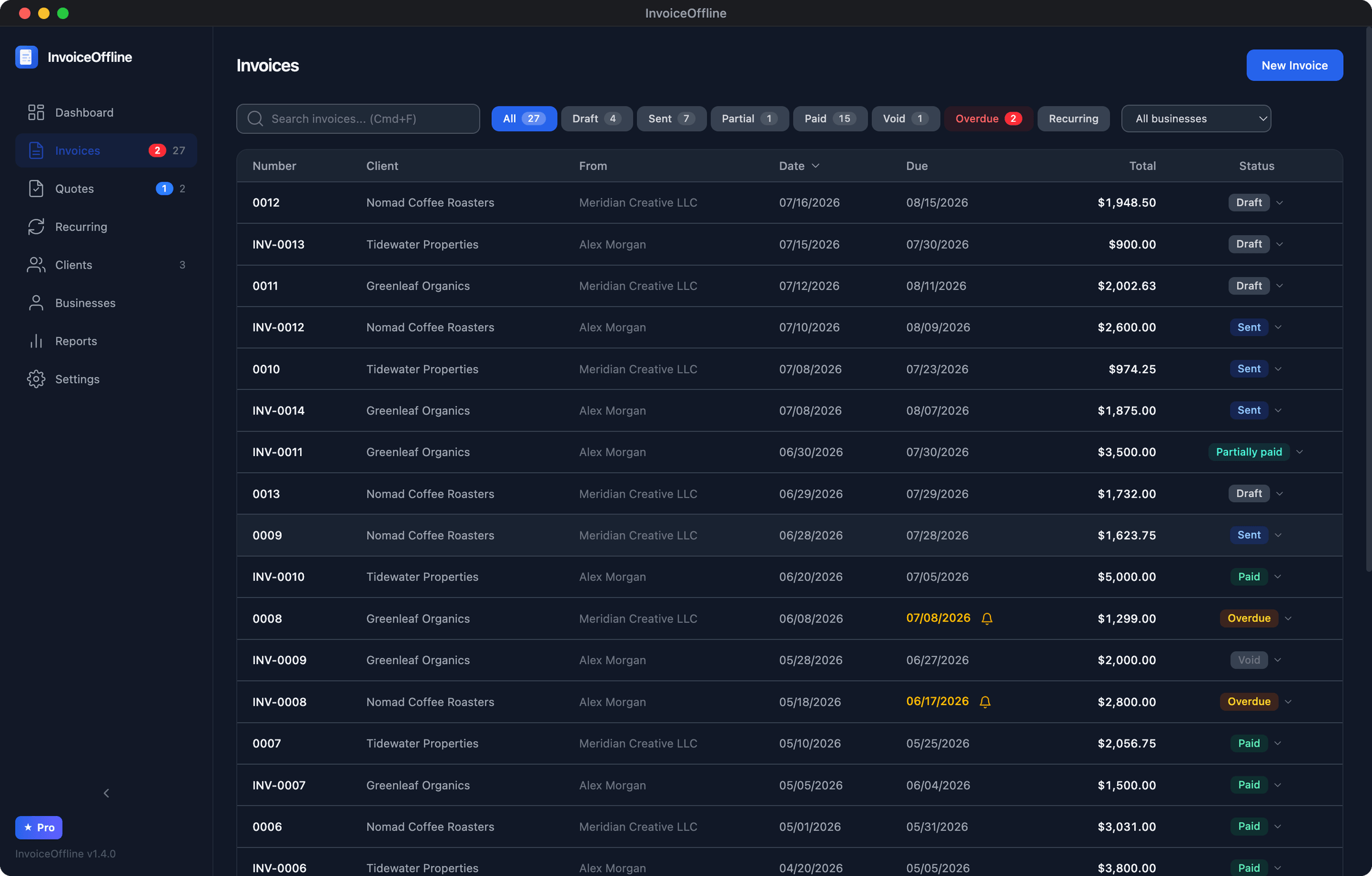 InvoiceOffline invoice list showing status filters including partially paid, overdue reminders, and search