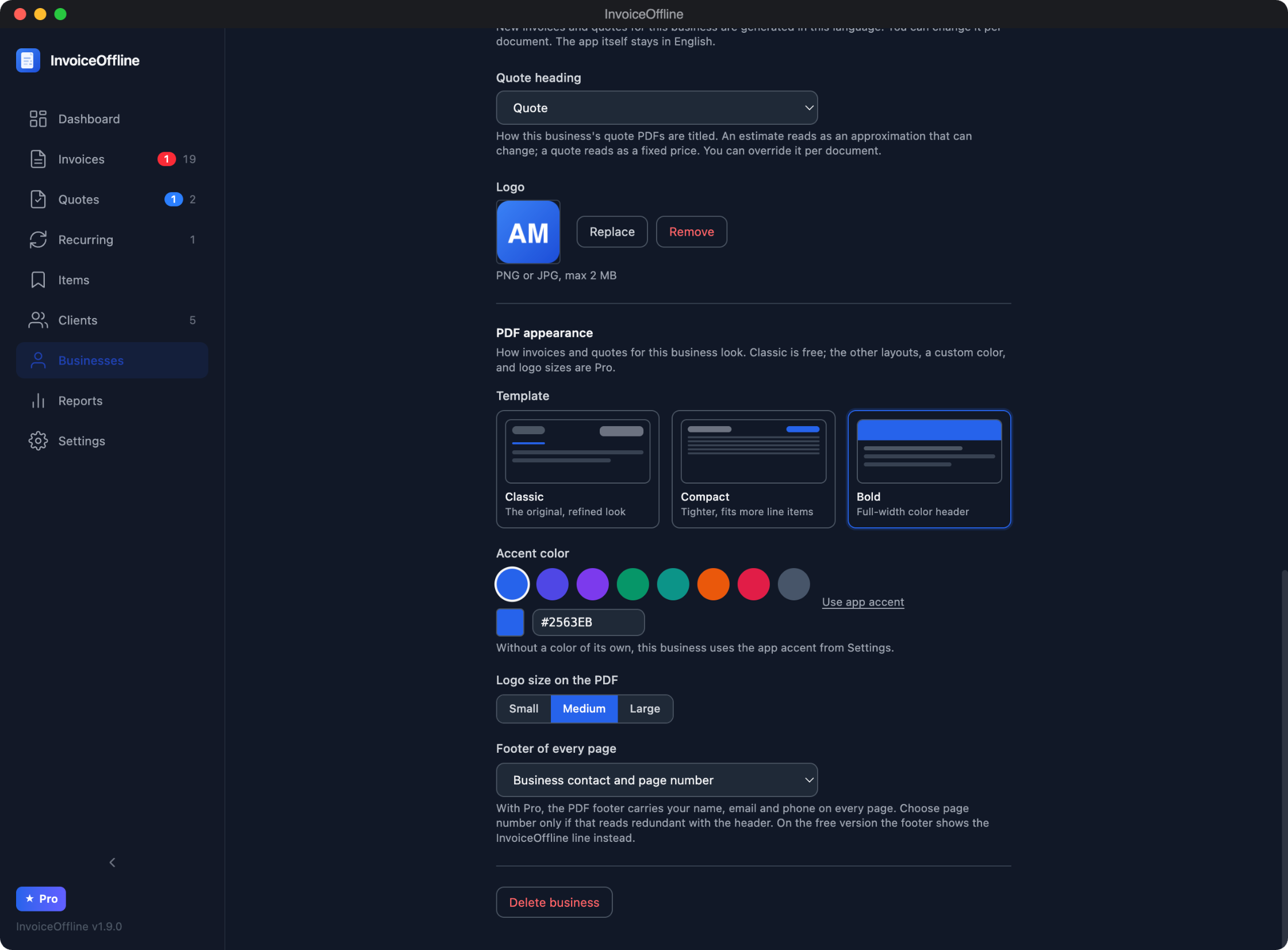 InvoiceOffline business settings showing the Classic, Compact, and Bold PDF templates, accent colors, logo, and footer options