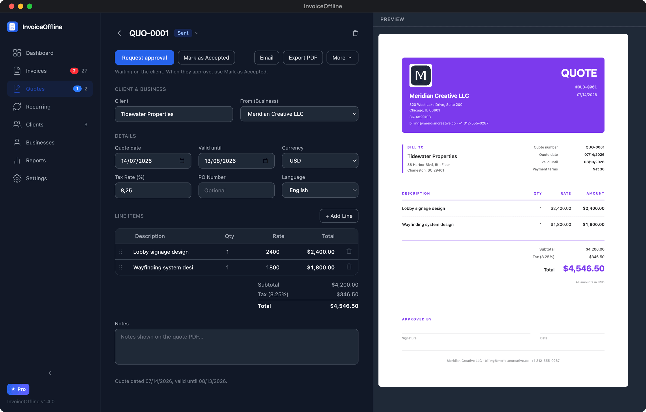 InvoiceOffline quote editor with a request approval button and a live quote PDF preview with an approval signature section