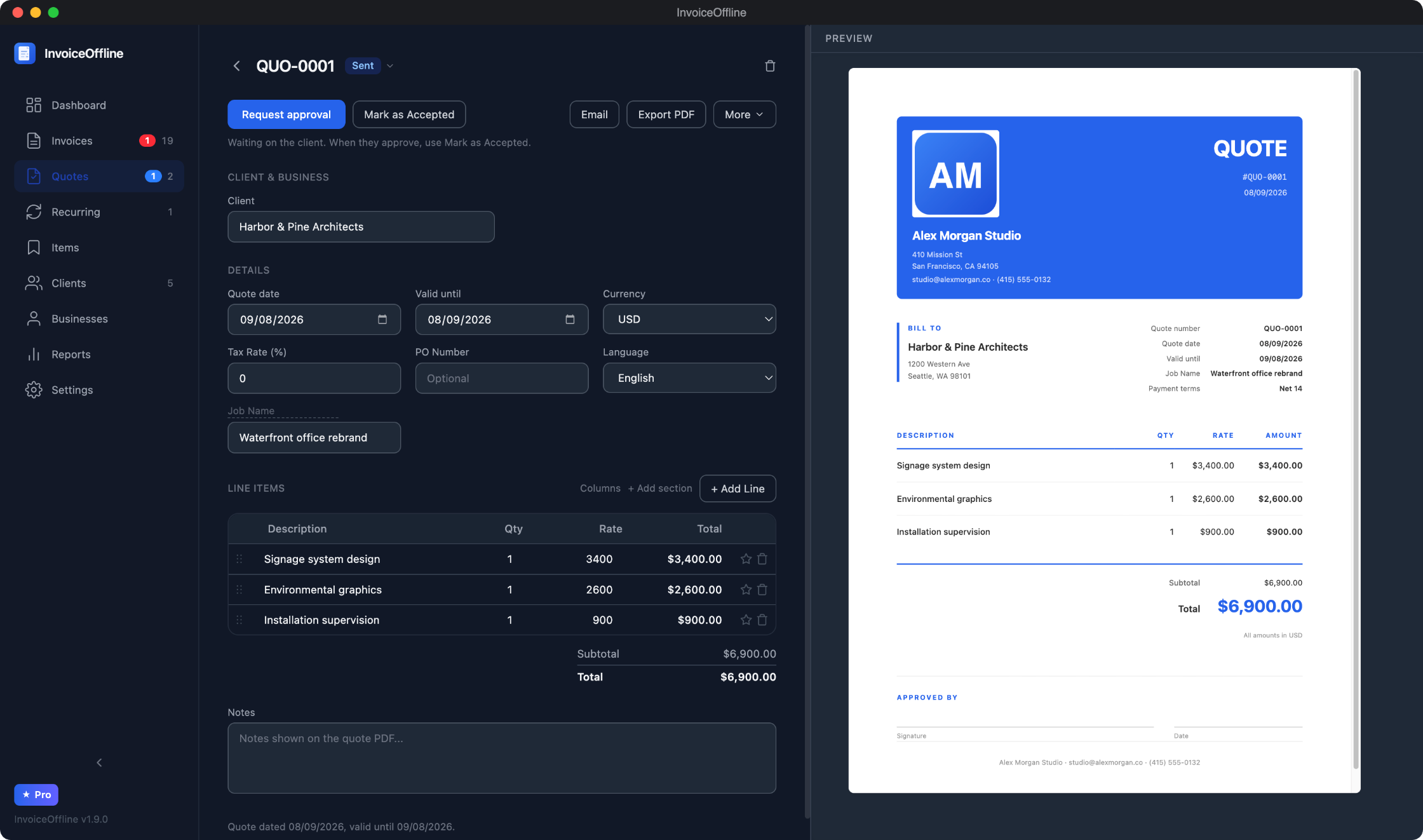 InvoiceOffline quote editor with a request approval button and a live quote PDF preview with an approval signature section